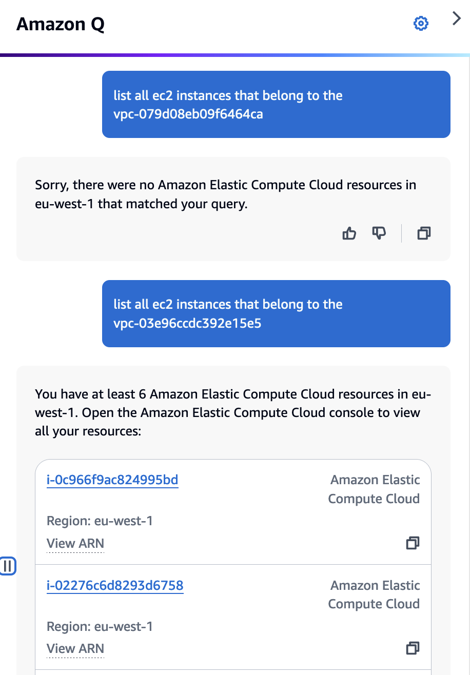 Amazon Q Developer chat screenshot with the question: "List all EC2 instances that belong to the VPC?" for two distinct VPC IDs. The first result does not show any instances, and the second result shows that there are at least 6 EC2 instances in the VPC.